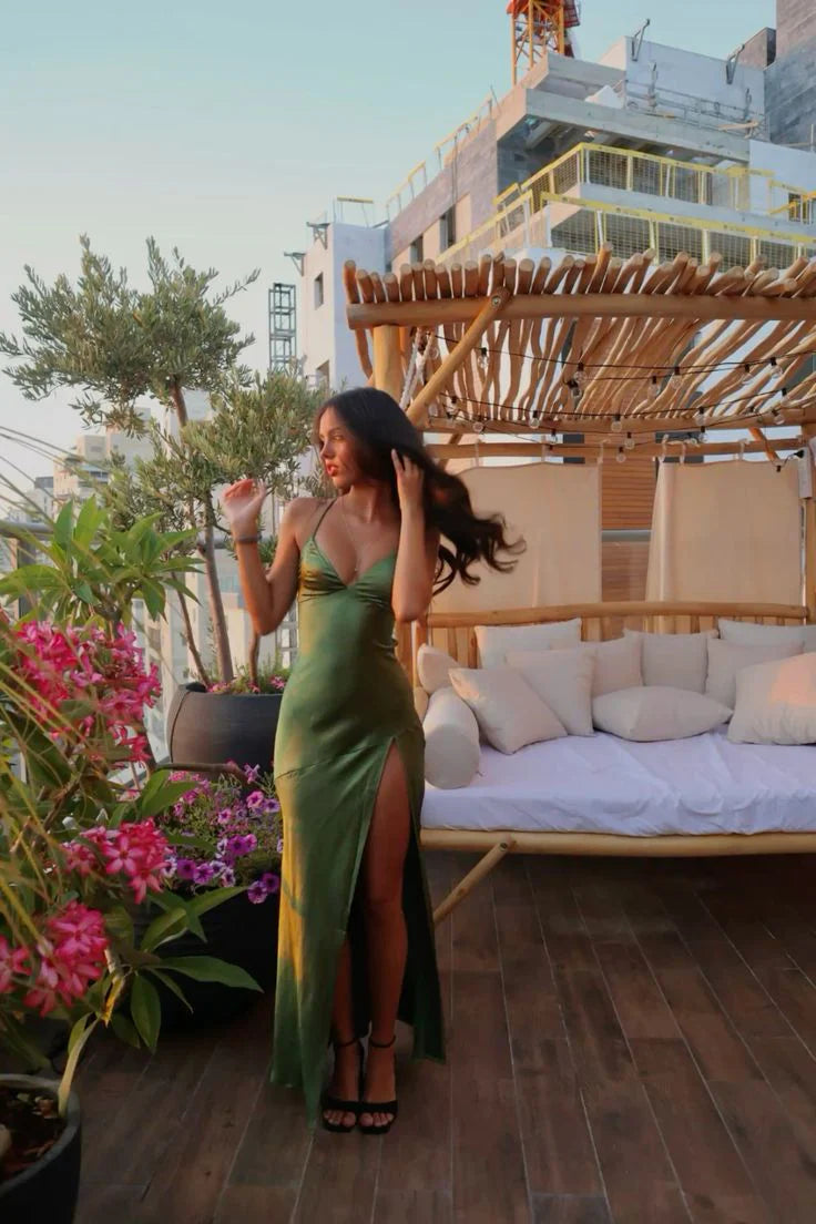 Sexy Spaghetti Straps Satin Green Long Prom Dress Evening Dress With Split