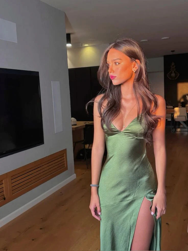 Sexy Spaghetti Straps Satin Green Long Prom Dress Evening Dress With Split