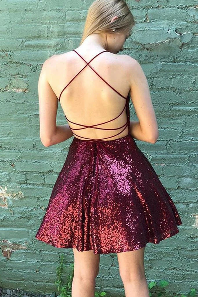 Sexy Spaghetti Straps Sequins Burgundy Short Homecoming Dress Prom Dress