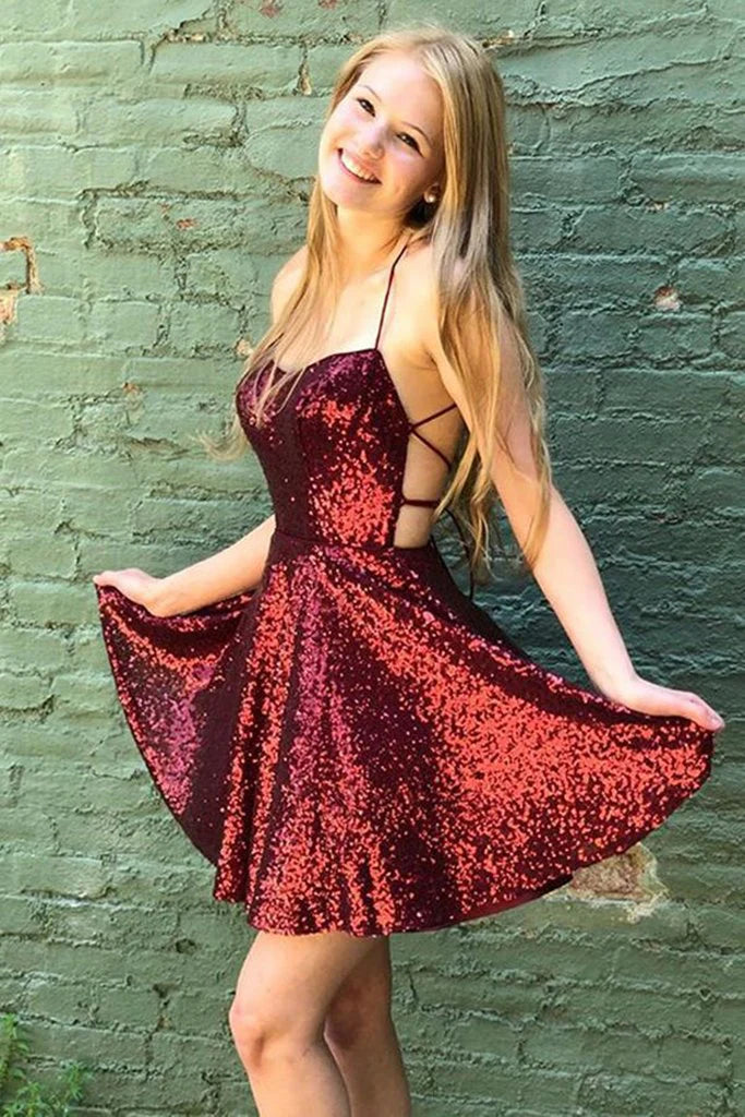 Sexy Spaghetti Straps Sequins Burgundy Short Homecoming Dress Prom Dress