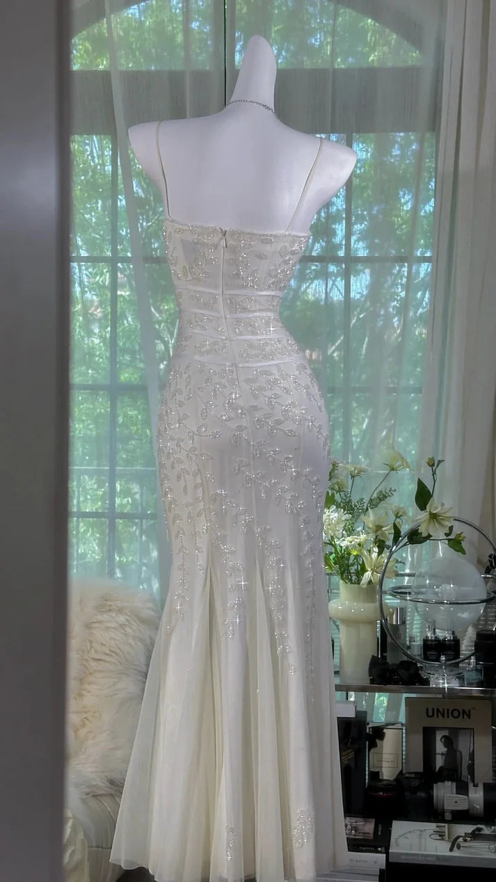 Sexy Spaghetti Straps Sheer Beaded Chiffon White Long Party Dress