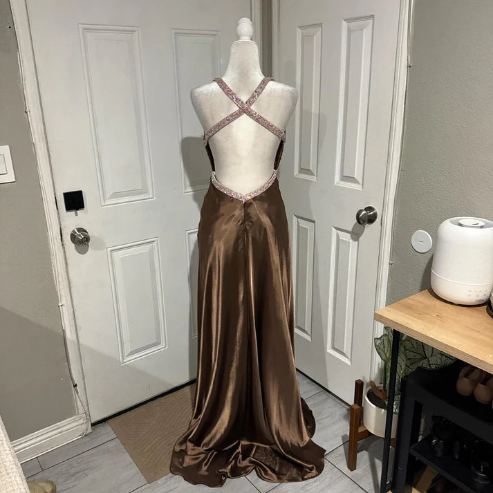 Sexy V Neck Beaded Satin Brown Long Party Dress With Slit Custom