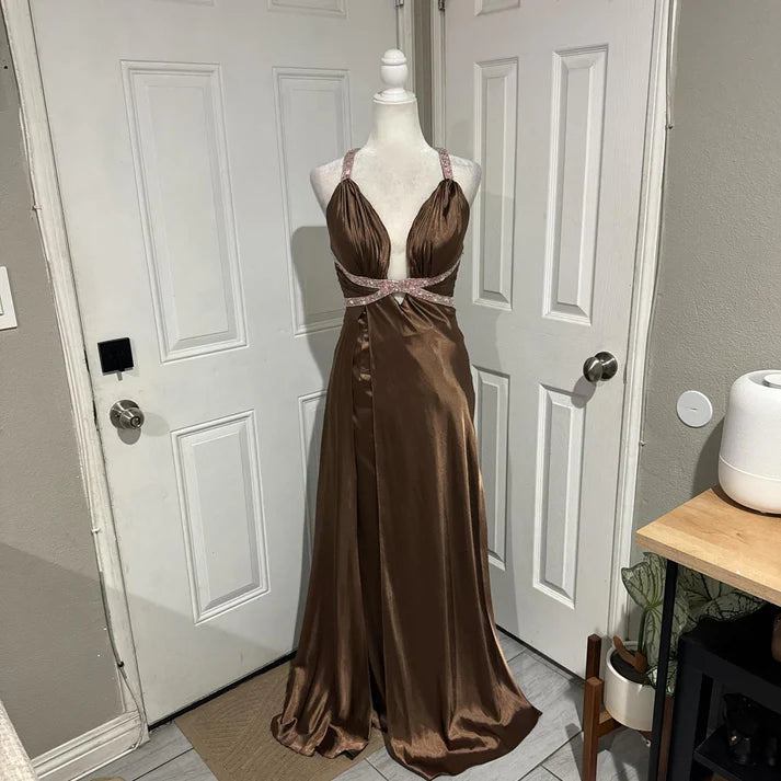 Sexy V Neck Beaded Satin Brown Long Party Dress With Slit Custom