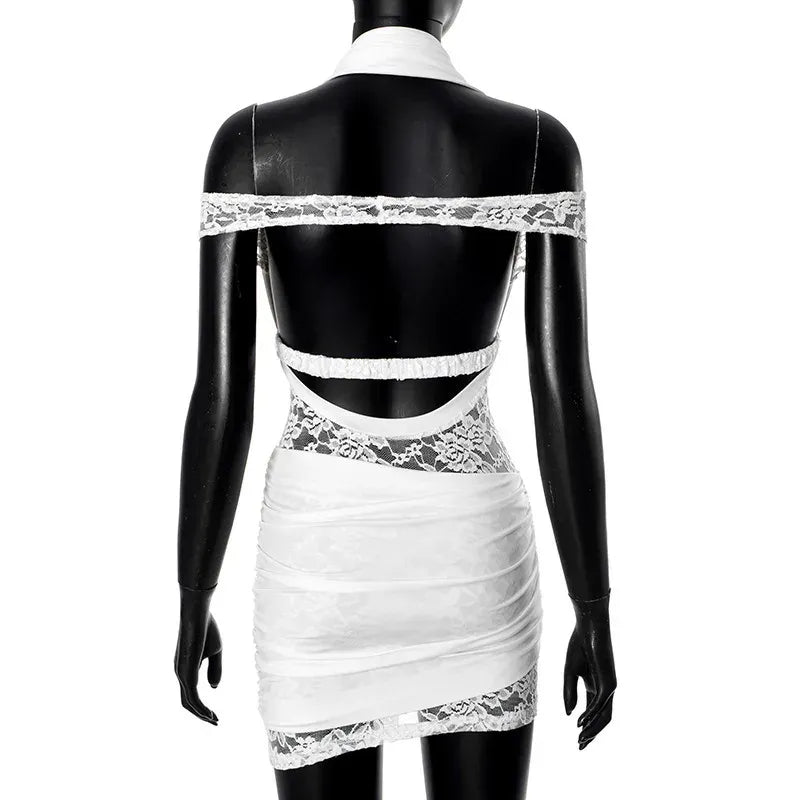 Sheath Bodycon Halter Off-Shoulder Open Back Lace White Mini Homecoming Dress