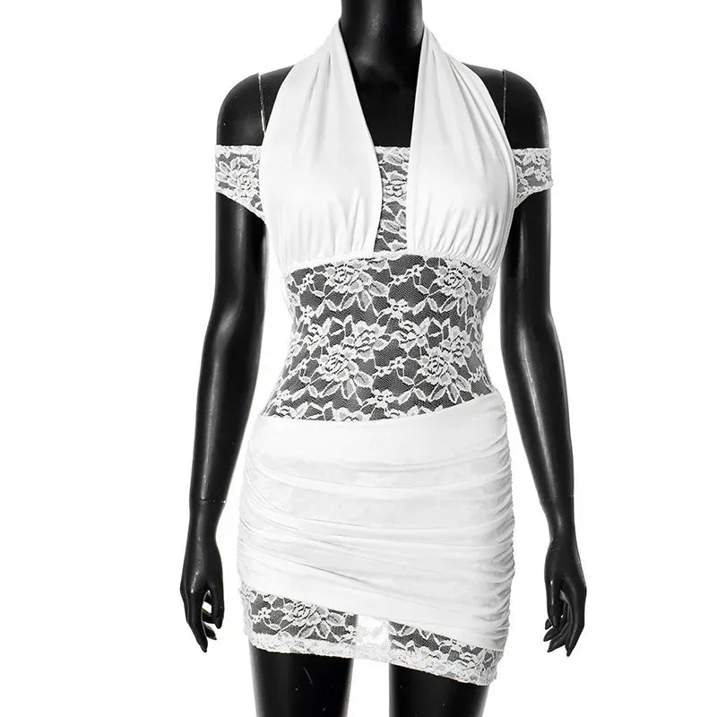 Sheath Bodycon Halter Off-Shoulder Open Back Lace White Mini Homecoming Dress
