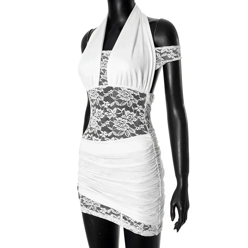 Sheath Bodycon Halter Off-Shoulder Open Back Lace White Mini Homecoming Dress