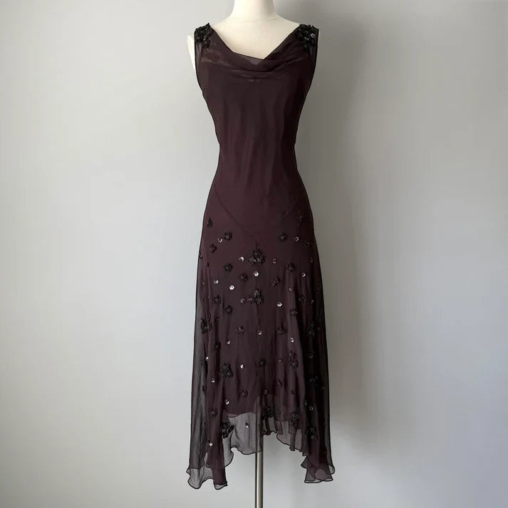 Sheath Cowl Neck 3D Floral Beaded Sequin Chiffon Brown Long Party Dress