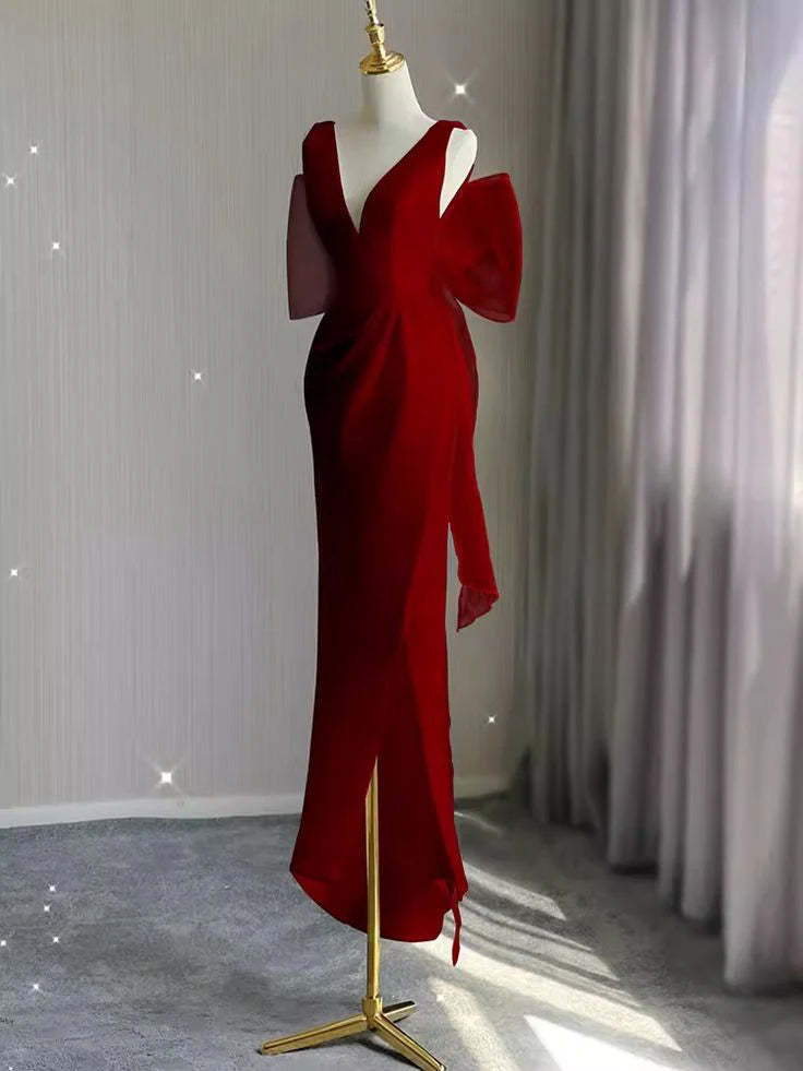Sheath Deep V Neck Bow Wine Long Prom Dress With Slit Custom