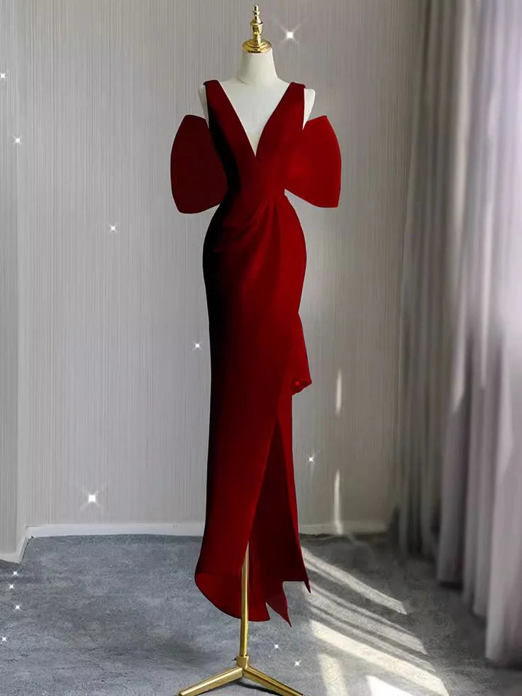Sheath Deep V Neck Bow Wine Long Prom Dress With Slit Custom