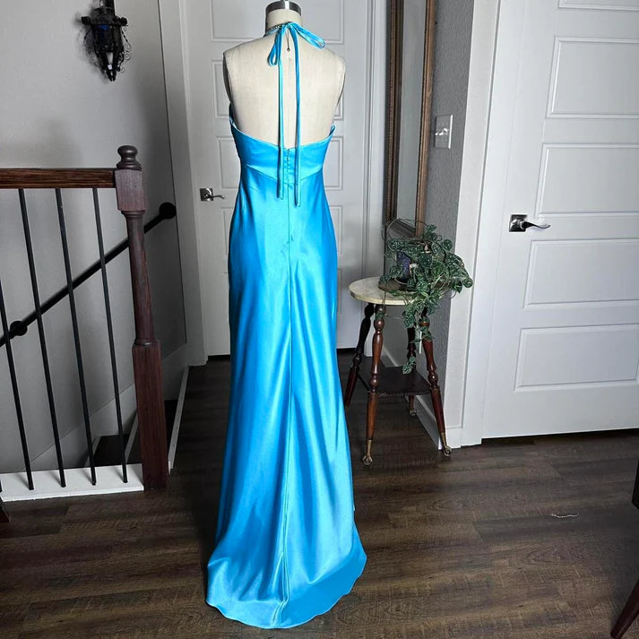 Sheath Halter Pleated Floral Rhinestones Satin Blue Long Party Dress