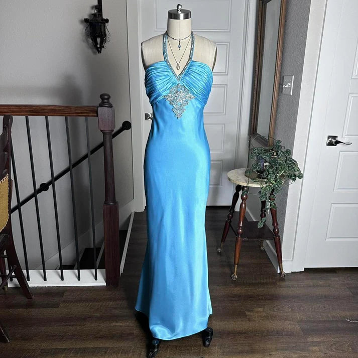 Sheath Halter Pleated Floral Rhinestones Satin Blue Long Party Dress