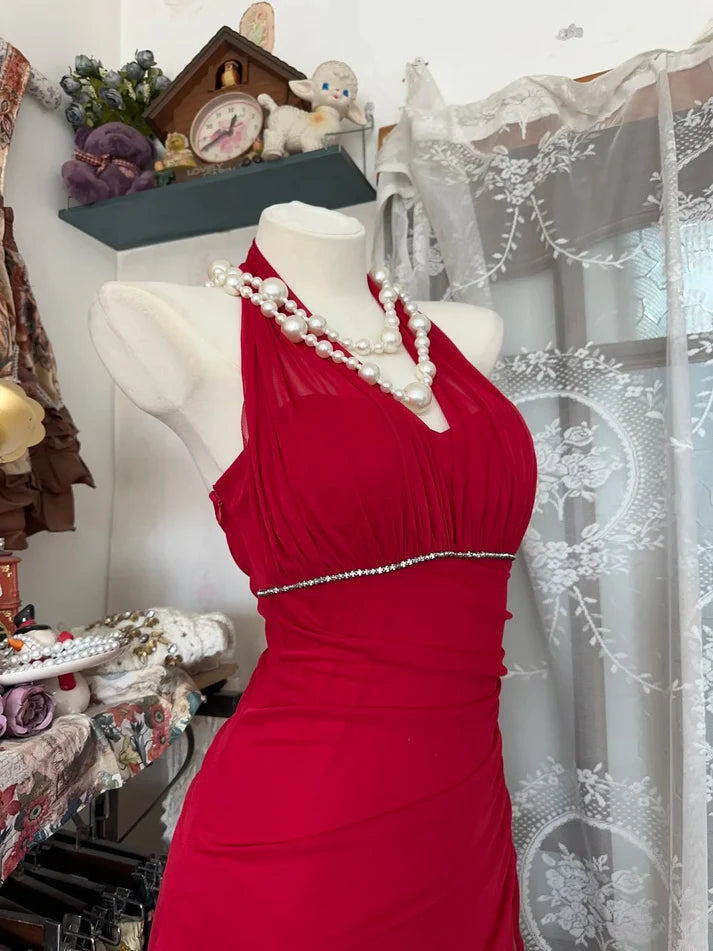 Sheath Halter Neck Beaded Chiffon Red Long Evening Dress Sweet Birthday