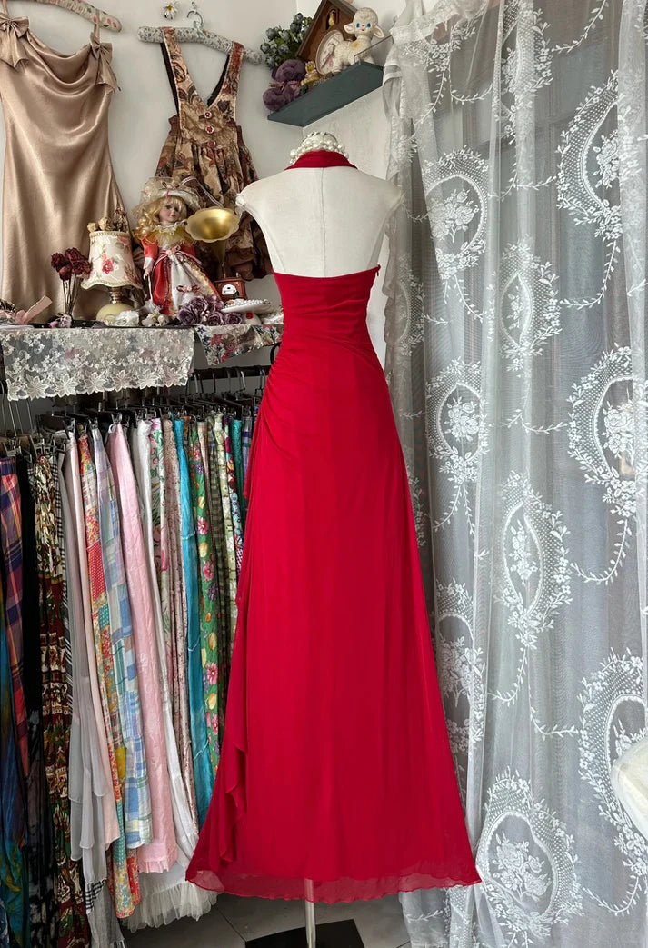 Sheath Halter Neck Beaded Chiffon Red Long Evening Dress Sweet Birthday