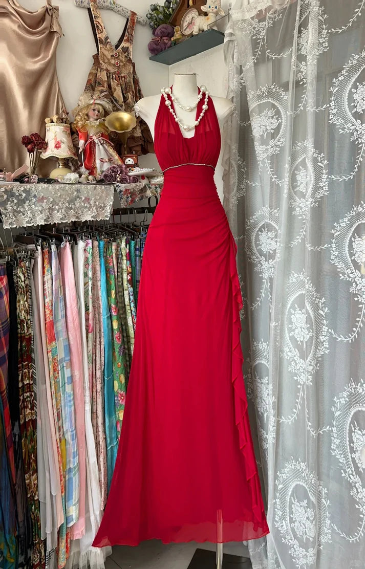 Sheath Halter Neck Beaded Chiffon Red Long Evening Dress Sweet Birthday