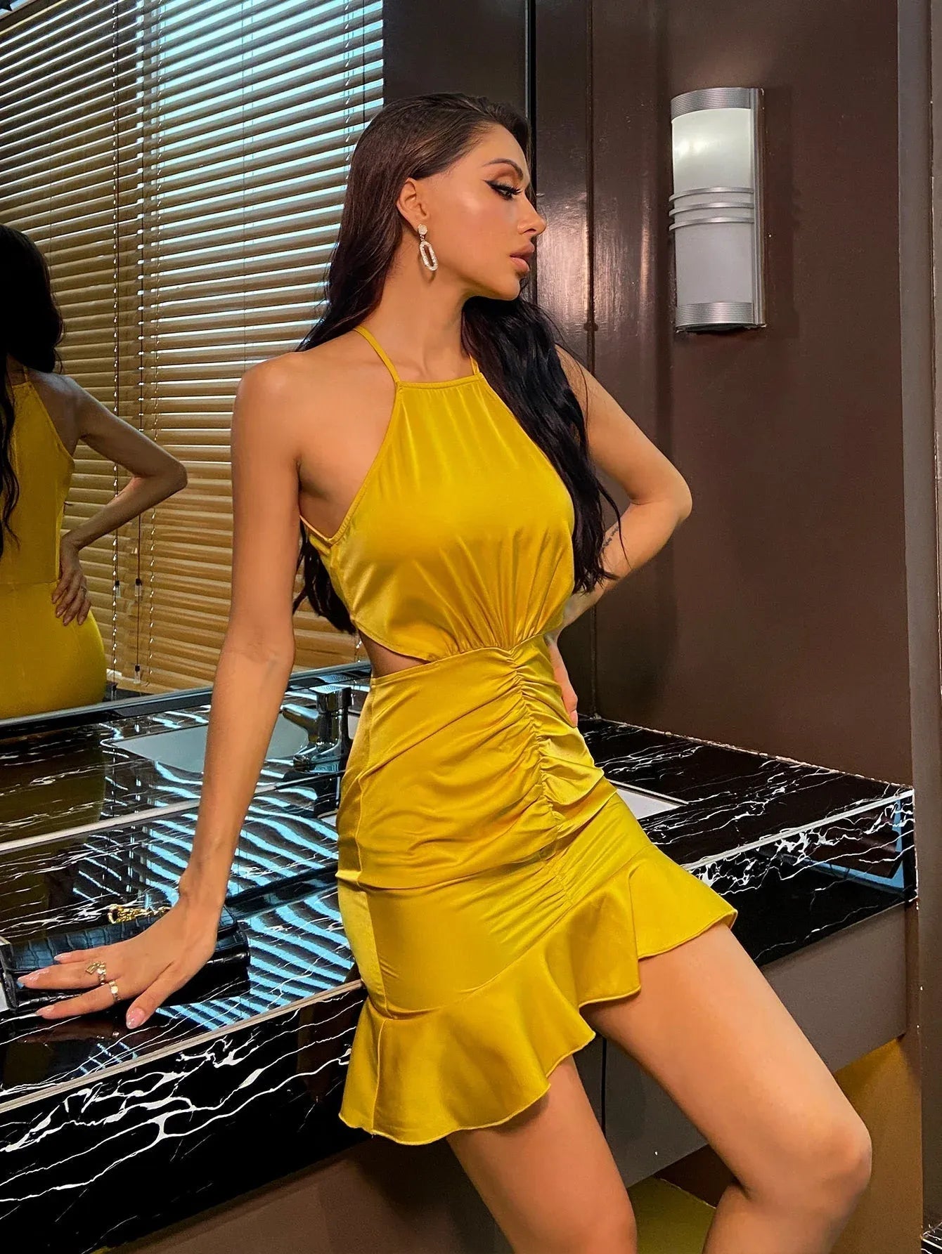 Sheath Halter Neck Ruched Bodycon Yellow Short Homecoming Dress With Ruffle Hem