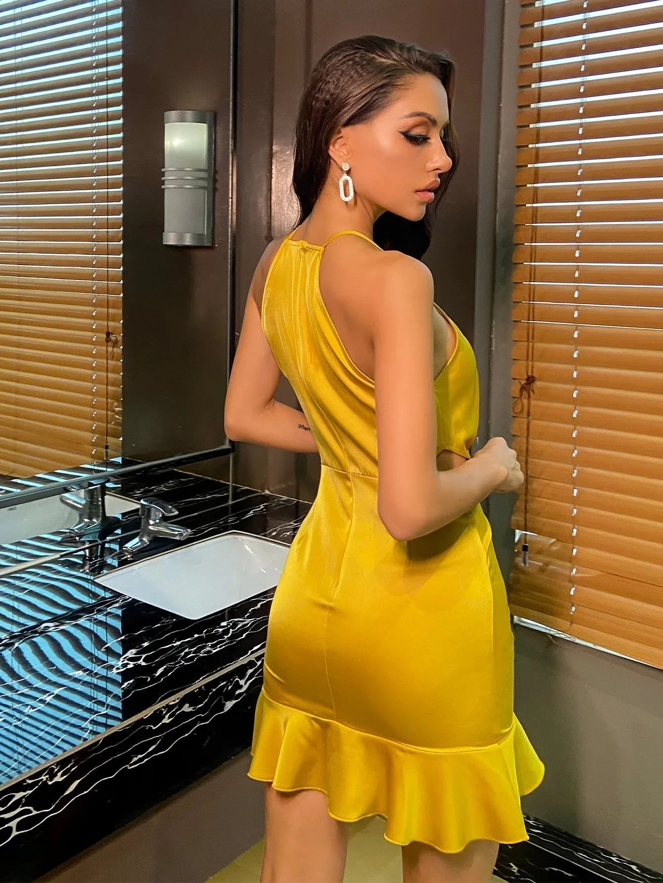 Sheath Halter Neck Ruched Bodycon Yellow Short Homecoming Dress With Ruffle Hem