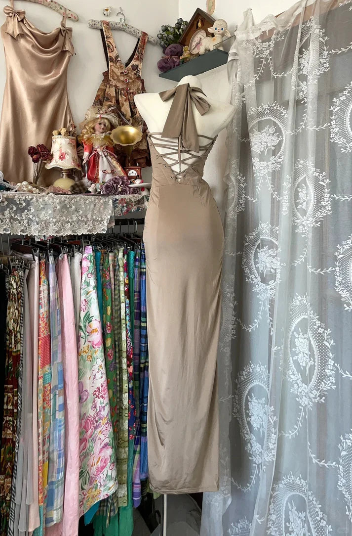 Sheath Halter Slit Satin Champagne Long Evening Dress Birthday Party Dress