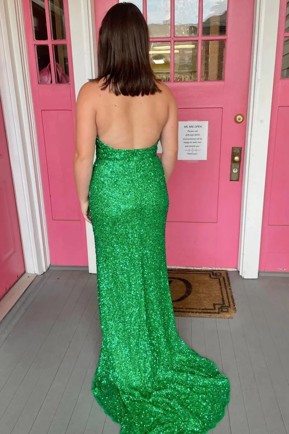Sheath Halter V Neck Split Sequins Green Prom Dress With Train