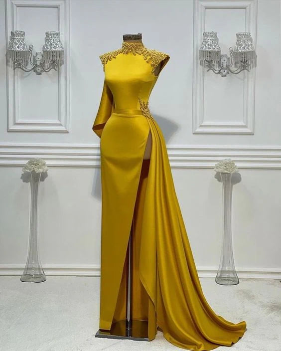 Sheath High Neck Yellow Long Prom Dresses Evening Dress With Beaded
