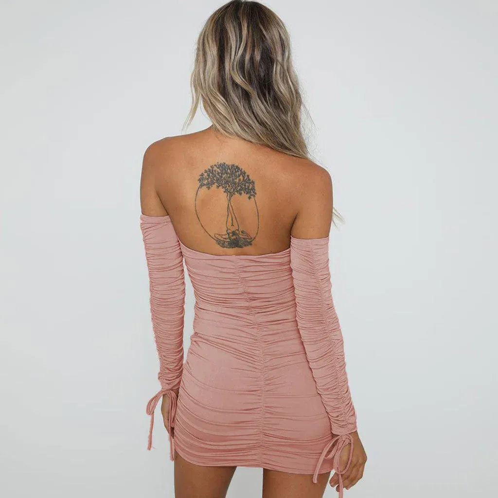 Sheath Off-Shoulder Long Sleeve Cutout Ruched Dusty Rose Mini Homecoming Dress
