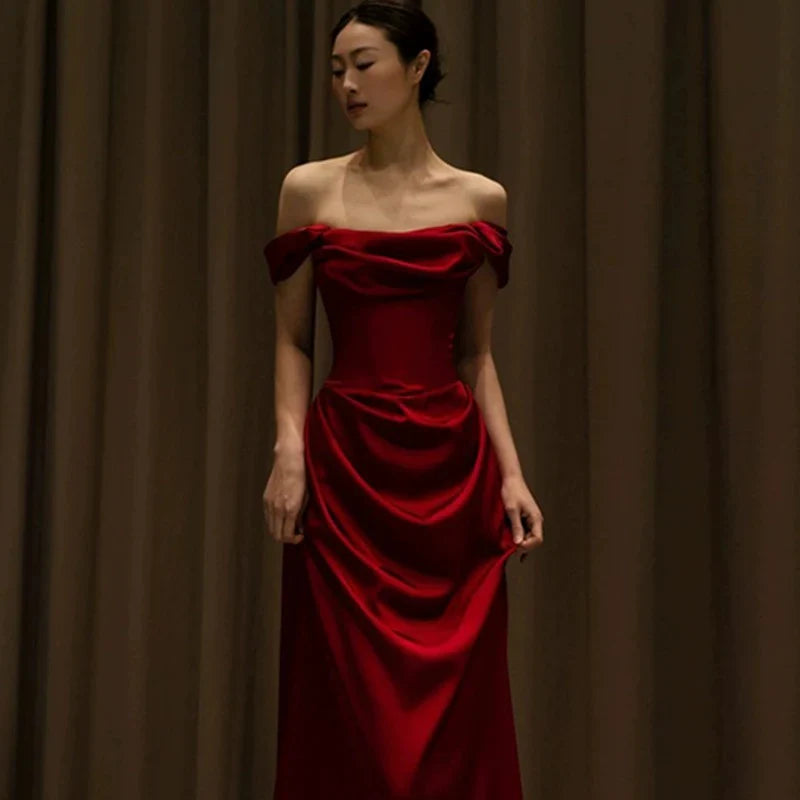 Sheath Off-Shoulder Satin Burgundy Floor Length Evening Dress Prom Dress