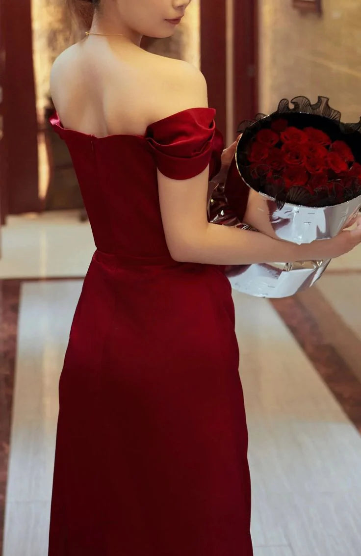 Sheath Off-Shoulder Satin Burgundy Floor Length Evening Dress Prom Dress