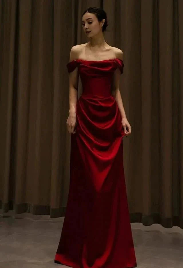Sheath Off-Shoulder Satin Burgundy Floor Length Evening Dress Prom Dress