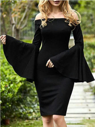 Sheath Off-the-Shoulder Flared Sleeves Black Knee Length Prom Dress Evening Dress