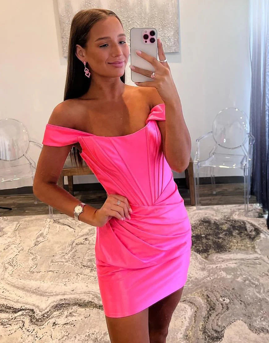 Sheath Off The Shoulder Corset Pleated Satin Blue Homecoming Dress