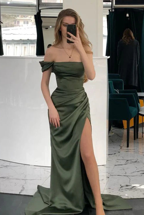Sheath Off The Shoulder Pleated Green Long Prom Dress With Slit