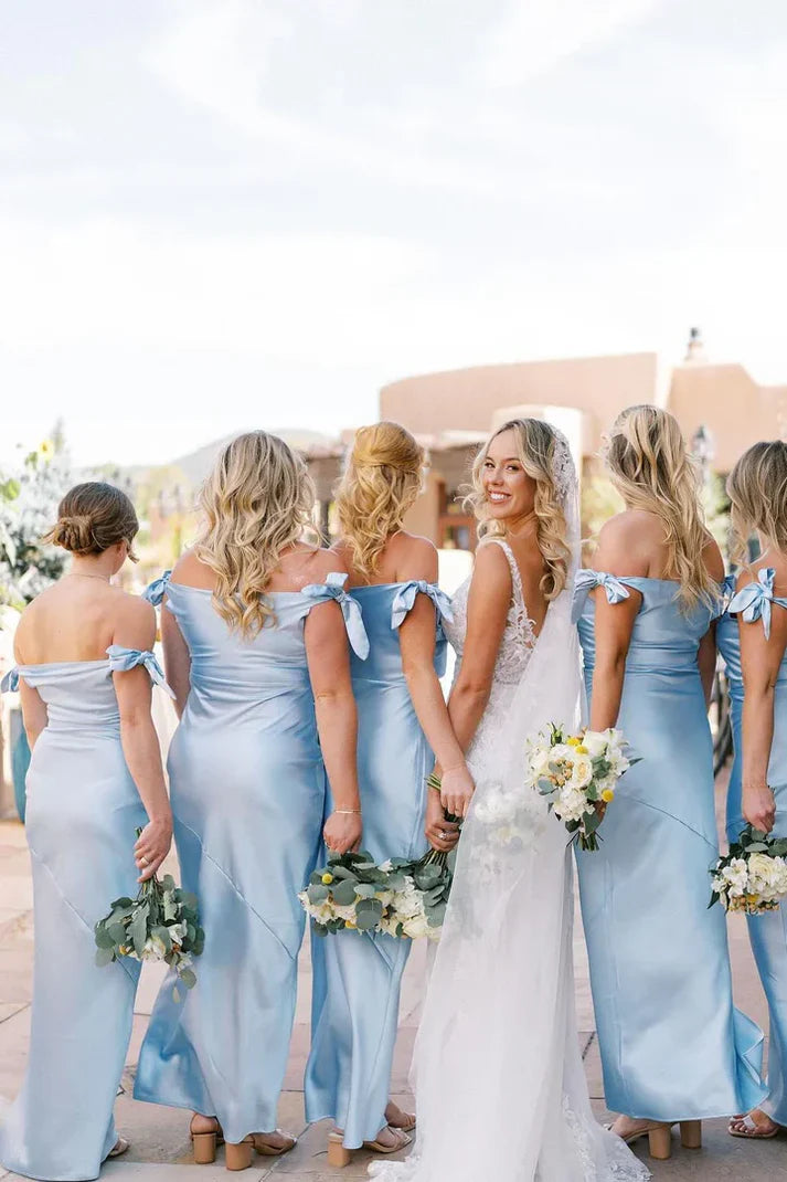 Sheath Off The Shoulder Satin Light Blue Ankle Length Bridesmaid Dress