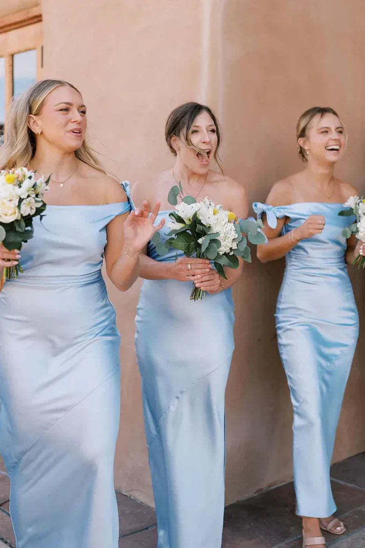 Sheath Off The Shoulder Satin Light Blue Ankle Length Bridesmaid Dress