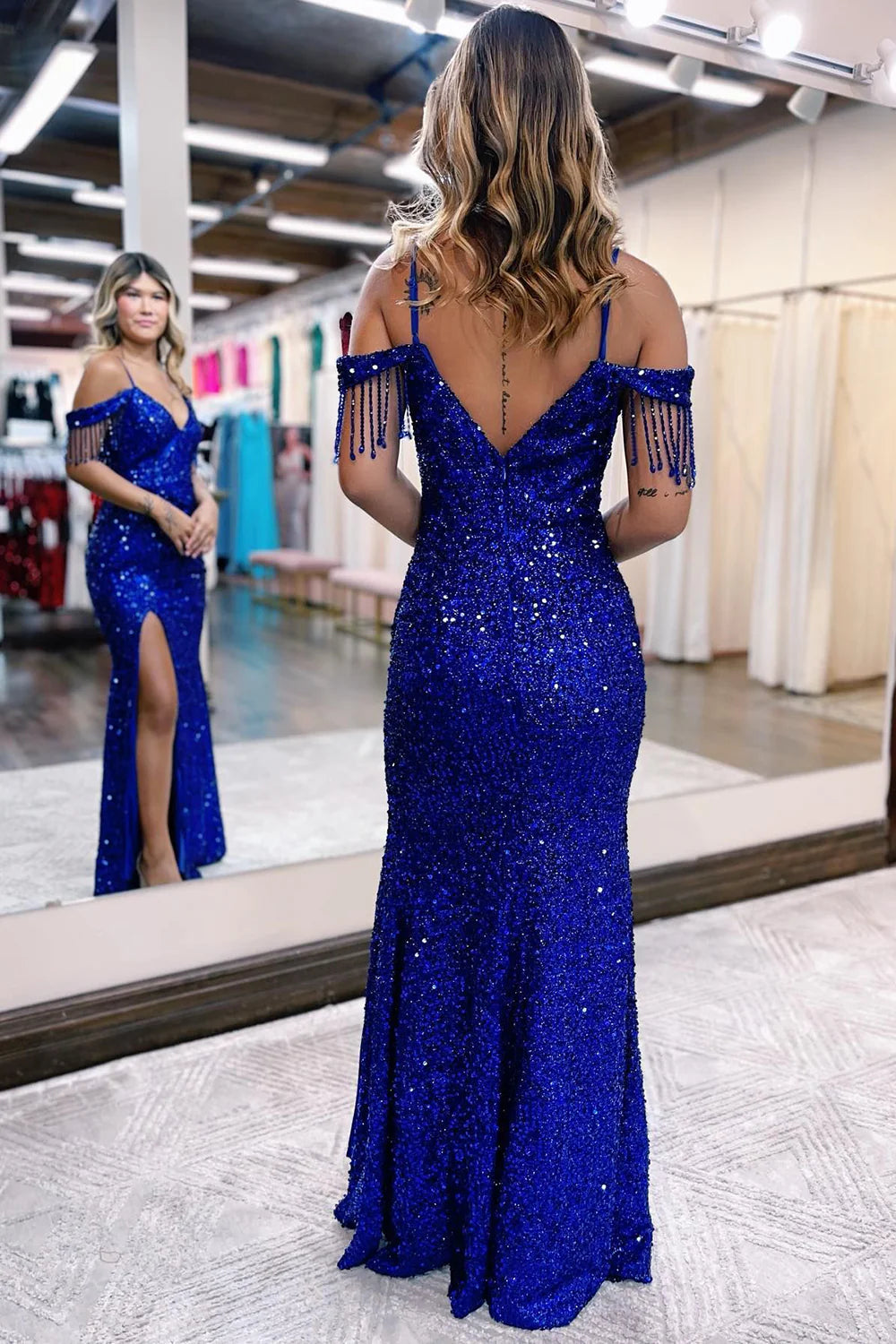 Sheath Off the Shoulder Tassel sleeves Royal Blue Prom Dress With Split