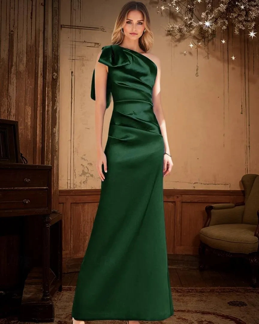 Sheath One-Shoulder Bow Pleated Ruched Satin Royal Blue Maxi Prom Dress