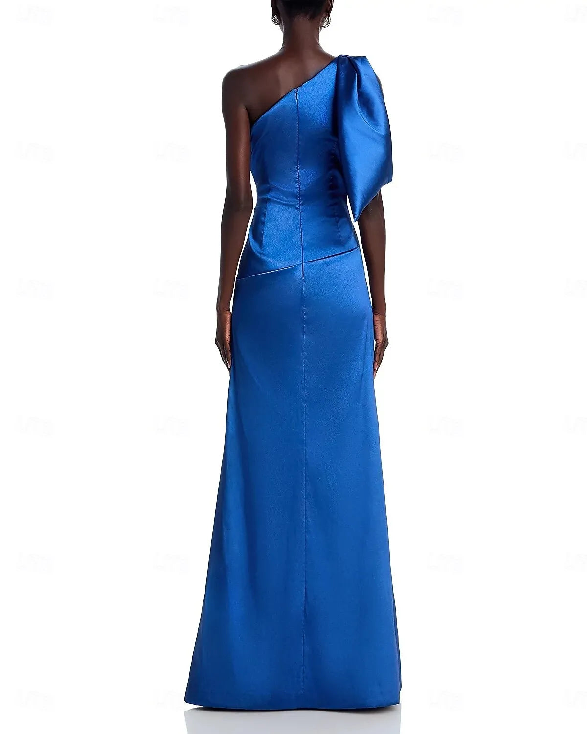 Sheath One-Shoulder Bow Pleated Ruched Satin Royal Blue Maxi Prom Dress