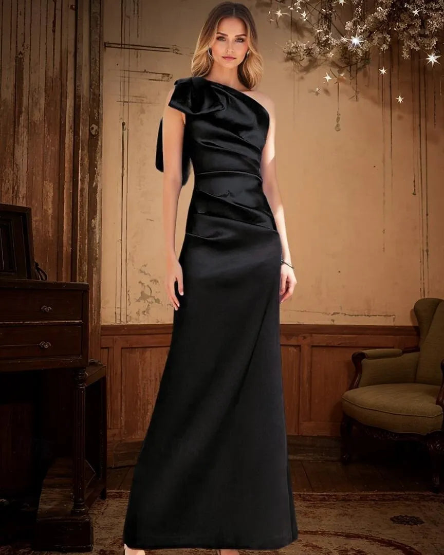 Sheath One-Shoulder Bow Pleated Ruched Satin Royal Blue Maxi Prom Dress