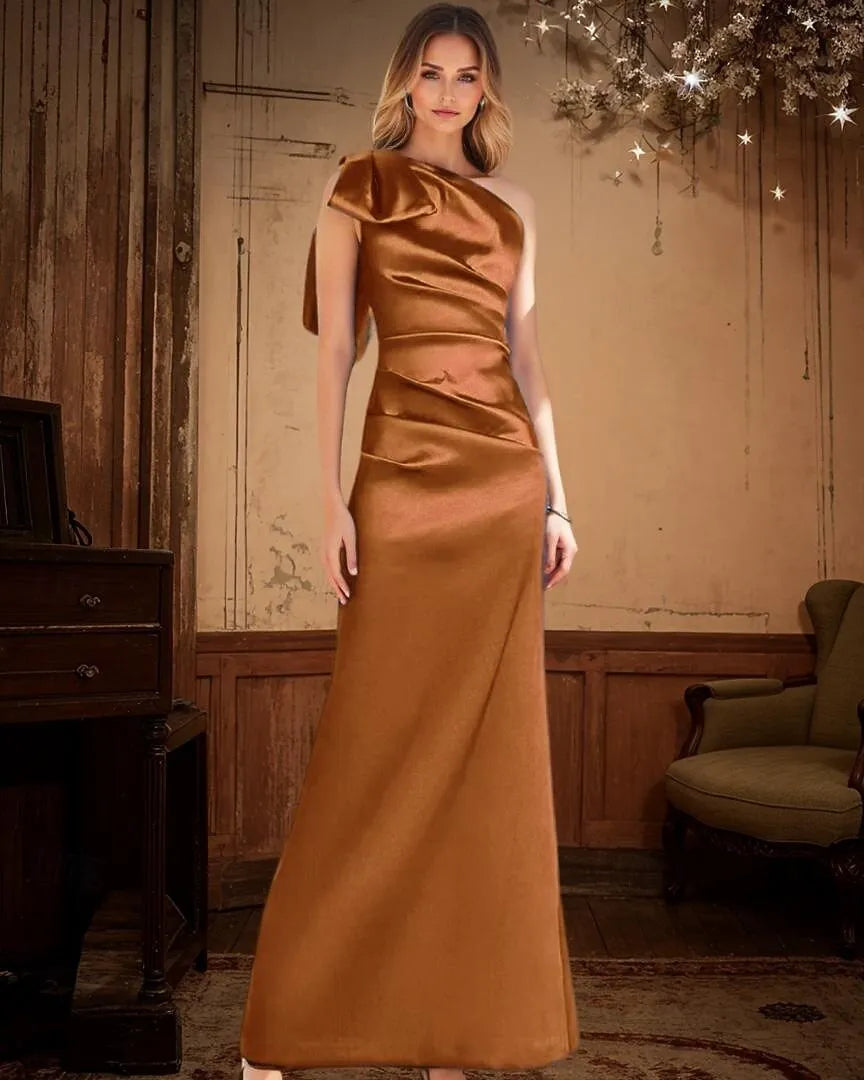 Sheath One-Shoulder Bow Pleated Ruched Satin Royal Blue Maxi Prom Dress