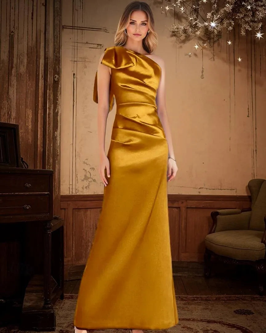 Sheath One-Shoulder Bow Pleated Ruched Satin Royal Blue Maxi Prom Dress