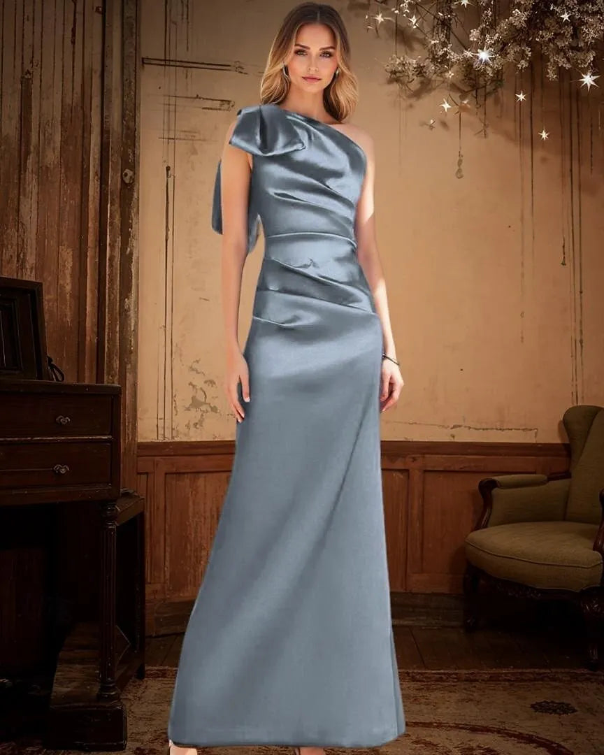 Sheath One-Shoulder Bow Pleated Ruched Satin Royal Blue Maxi Prom Dress