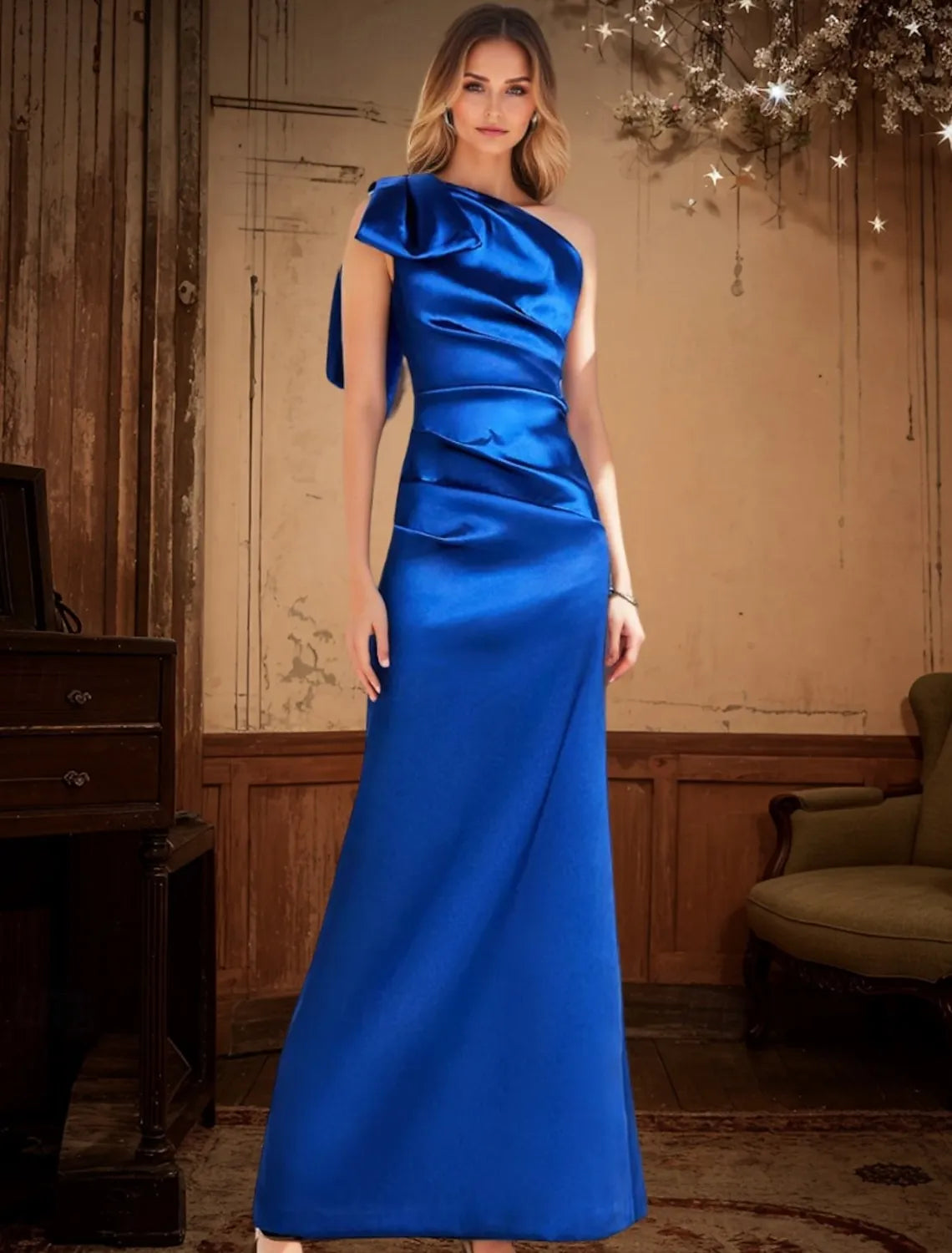 Sheath One-Shoulder Bow Pleated Ruched Satin Royal Blue Maxi Prom Dress