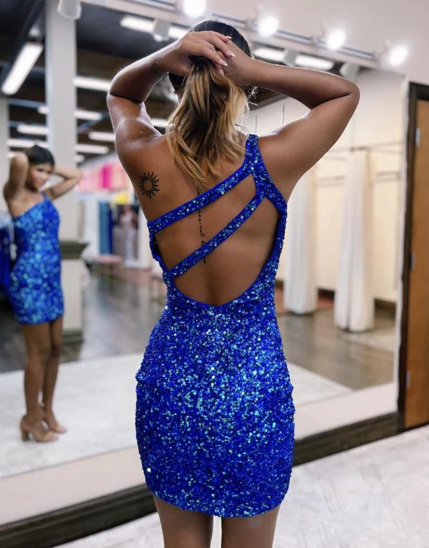 Sheath One-Shoulder Hollow Sequins Royal Blue Short Homecoming Dress