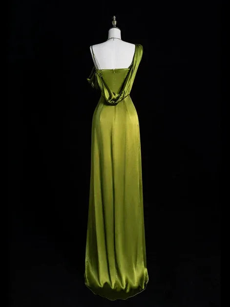 Sheath One Shoulder Asymmetrical Ruched Satin Olive Prom Dress With Slit