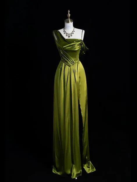 Sheath One Shoulder Asymmetrical Ruched Satin Olive Prom Dress With Slit