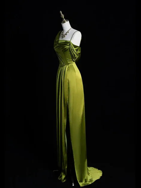 Sheath One Shoulder Asymmetrical Ruched Satin Olive Prom Dress With Slit