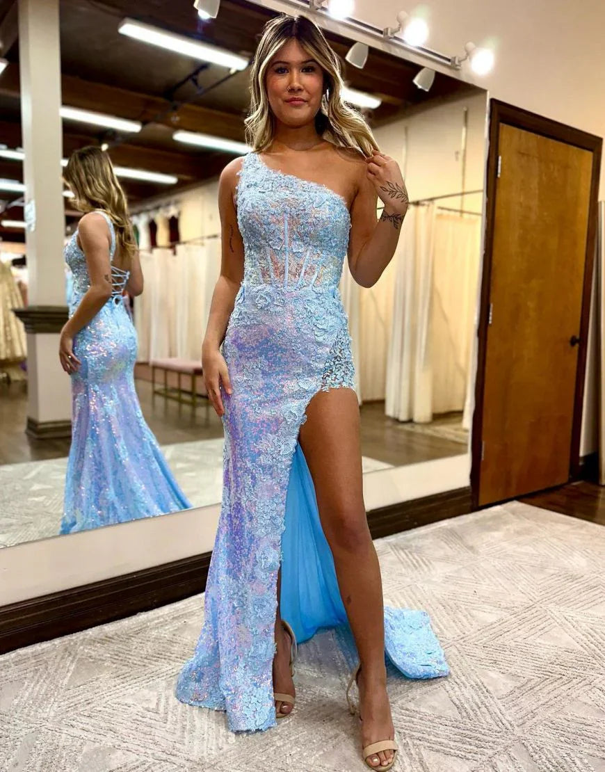 Sheath One Shoulder Corset Backless Prom Dress With Split