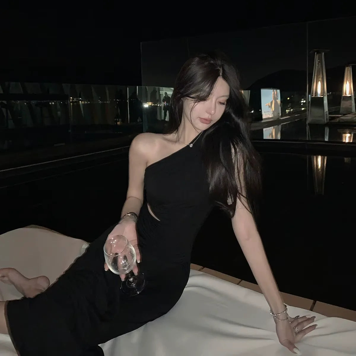 Sheath One Shoulder Cutout Slit Black Party Dress Prom Dress For Women