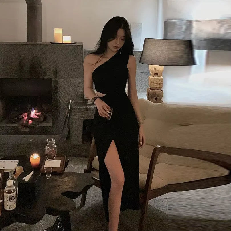 Sheath One Shoulder Cutout Slit Black Party Dress Prom Dress For Women