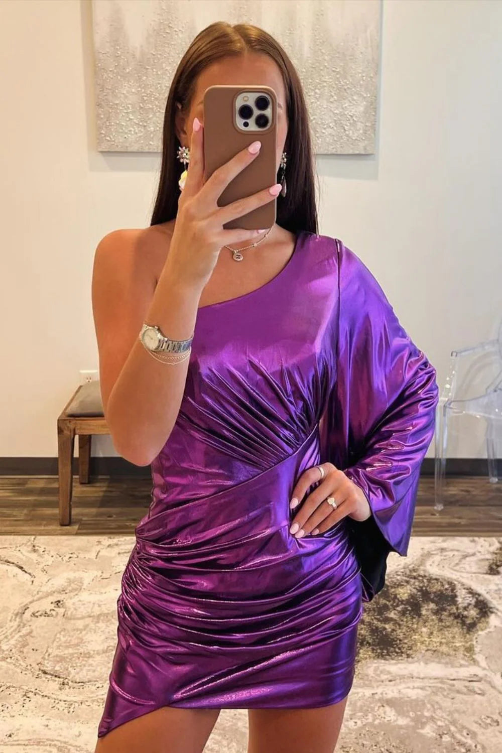 Sheath One Shoulder Long Sleeves Metallic Royal Blue Short Homecoming Dress