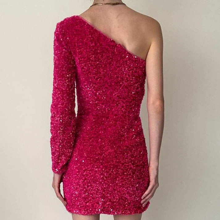 Sheath One Shoulder Long Sleeves Sequin Pink Short Party Dress With Slit