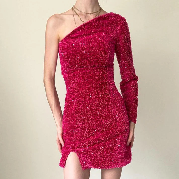 Sheath One Shoulder Long Sleeves Sequin Pink Short Party Dress With Slit